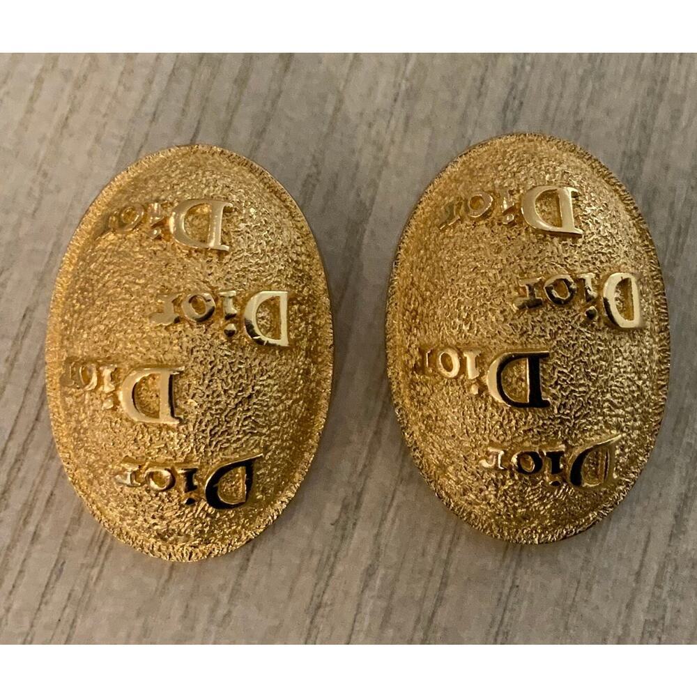 Christian Dior Vintage Logo Gold Oval Clip On Earrings - Picture 2 of 5
